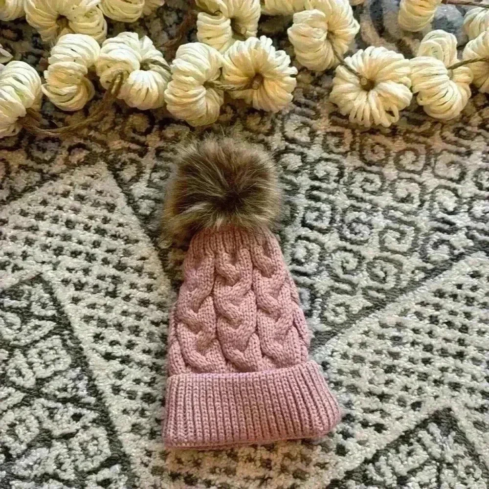 Knit rose pink hat with faux fur Pom Pom size 0-24m